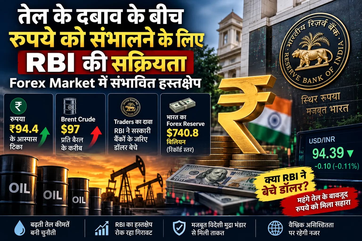 तेल $97 के करीब, फिर भी रुपया ₹94.4 के आसपास; क्या RBI ने बेचे डॉलर?