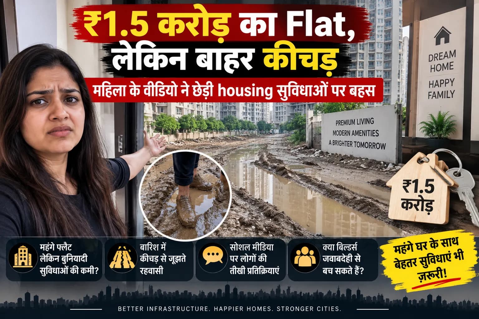 ₹1.5 करोड़ का Flat, बाहर कीचड़ और पानी: महिला ने दिखाई High-Rise Society की हालत