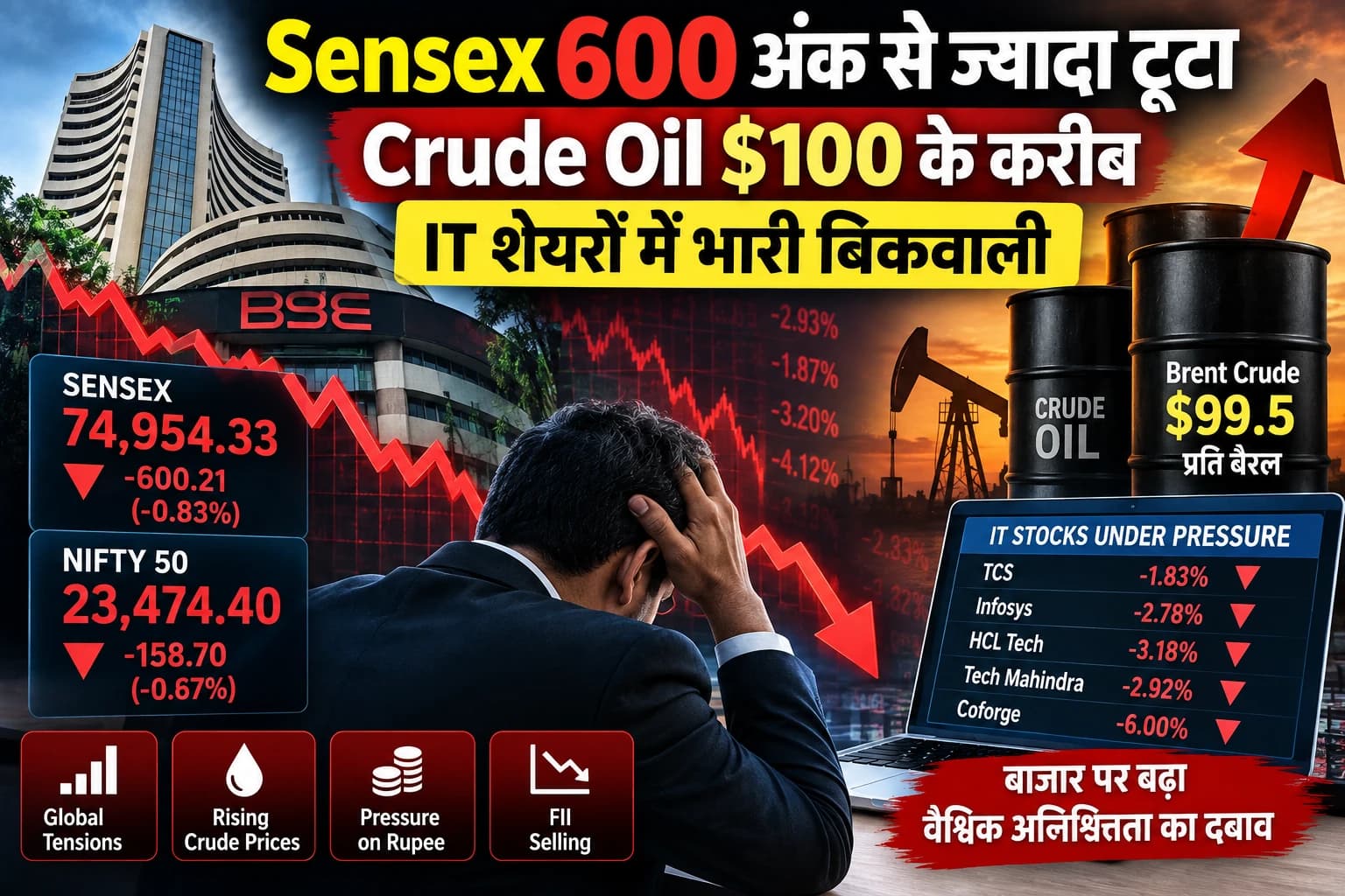 Sensex 600 अंक से ज्यादा टूटा, Crude $100 के करीब; IT Stocks में भारी बिकवाली