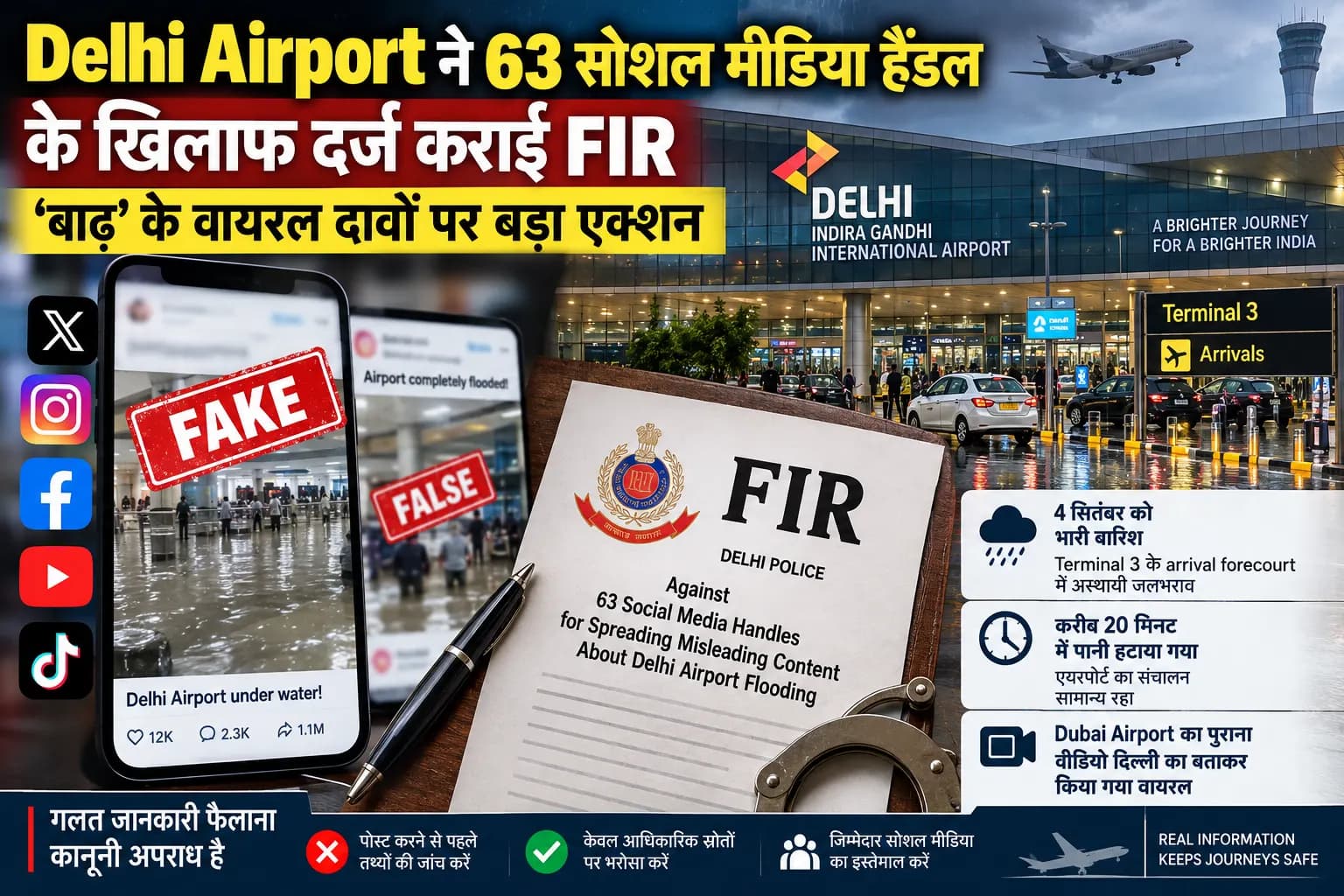 Delhi Airport पर ‘बाढ़’ के वायरल दावों पर बड़ा एक्शन, 63 सोशल मीडिया हैंडल के खिलाफ FIR
