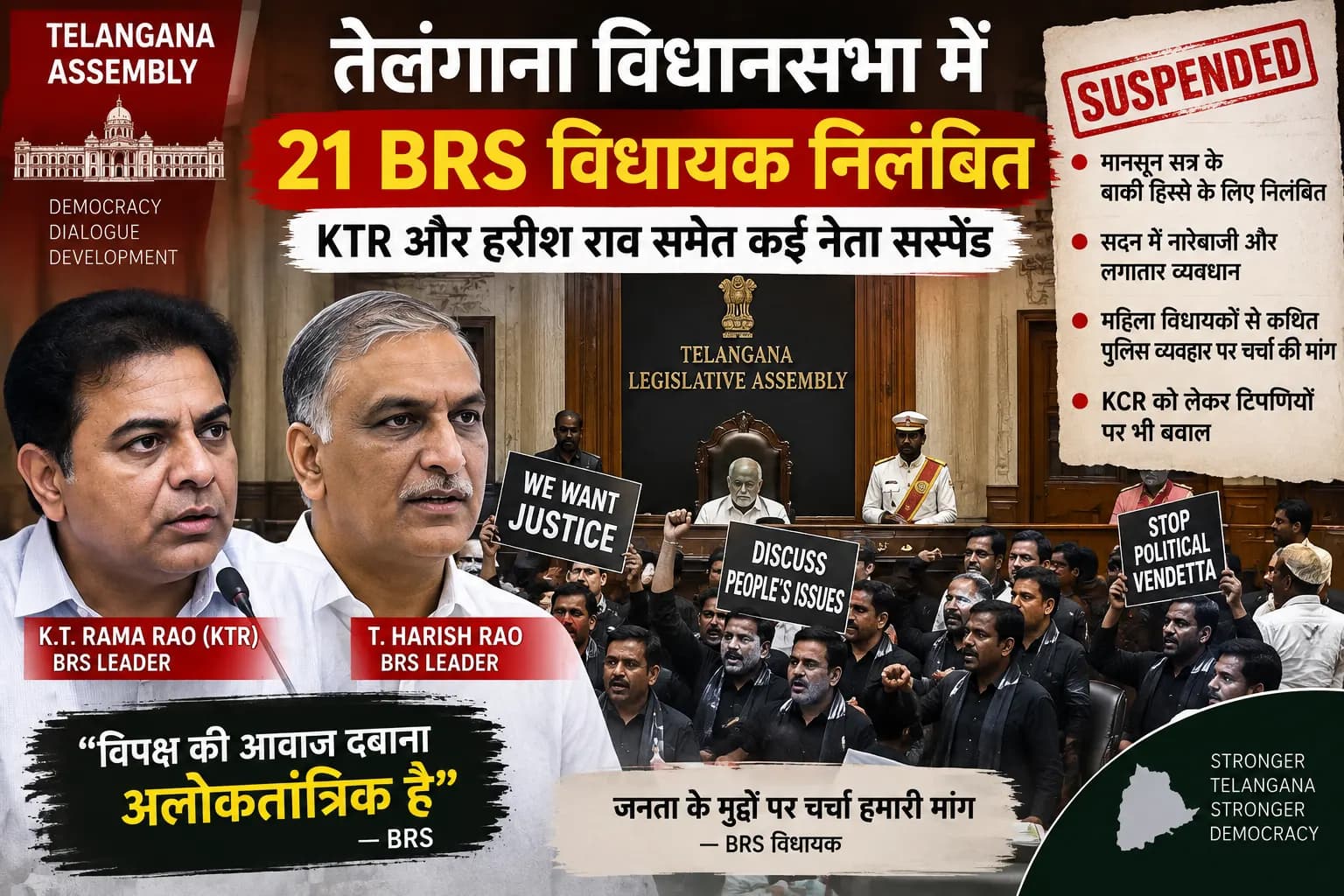 Telangana Assembly में बड़ा हंगामा: KTR और Harish Rao समेत BRS विधायक सस्पेंड, जानिए क्यों हुआ टकराव