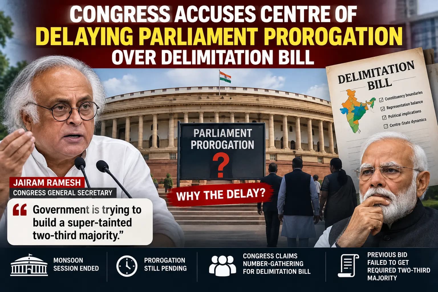 Parliament Prorogation में देरी पर Congress का बड़ा आरोप, Delimitation Bill के लिए ‘Two-Third Majority’ जुटाने का दावा