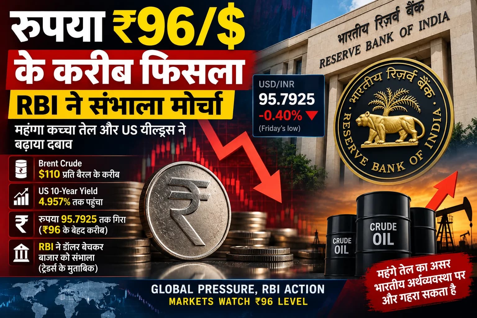 Rupee फिर ₹96/$ के करीब: RBI ने संभाला मोर्चा, Crude Oil और US Yields ने बढ़ाया दबाव