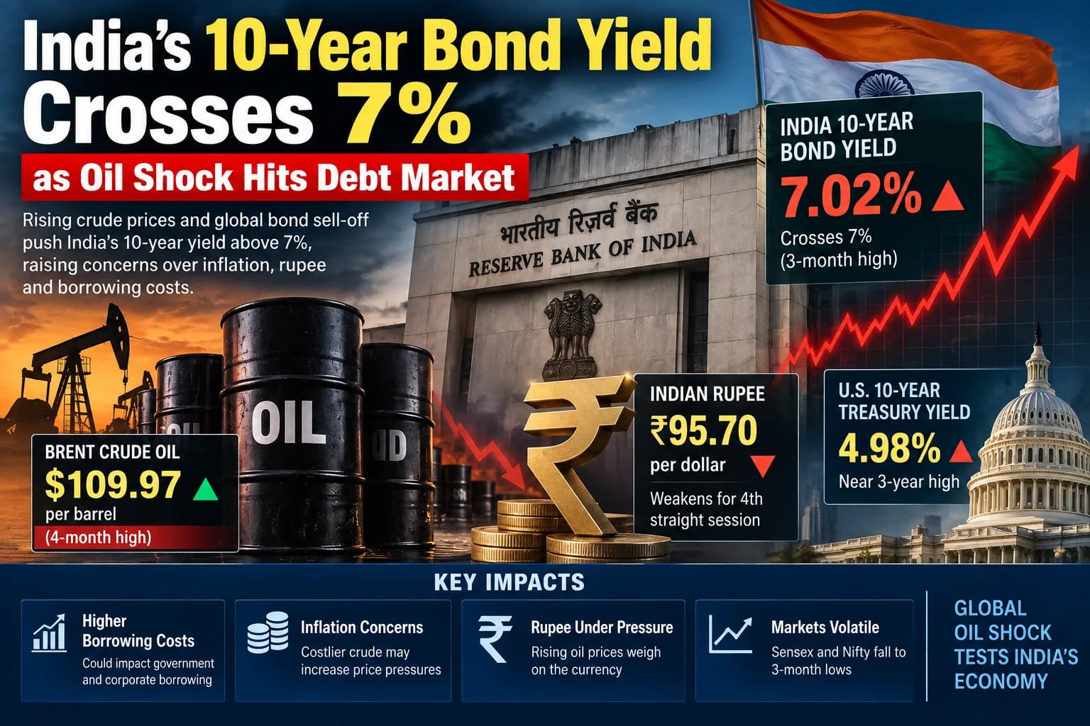 भारत की 10-Year Bond Yield 7% के पार, Crude Oil में उछाल से Debt Market पर बढ़ा दबाव
