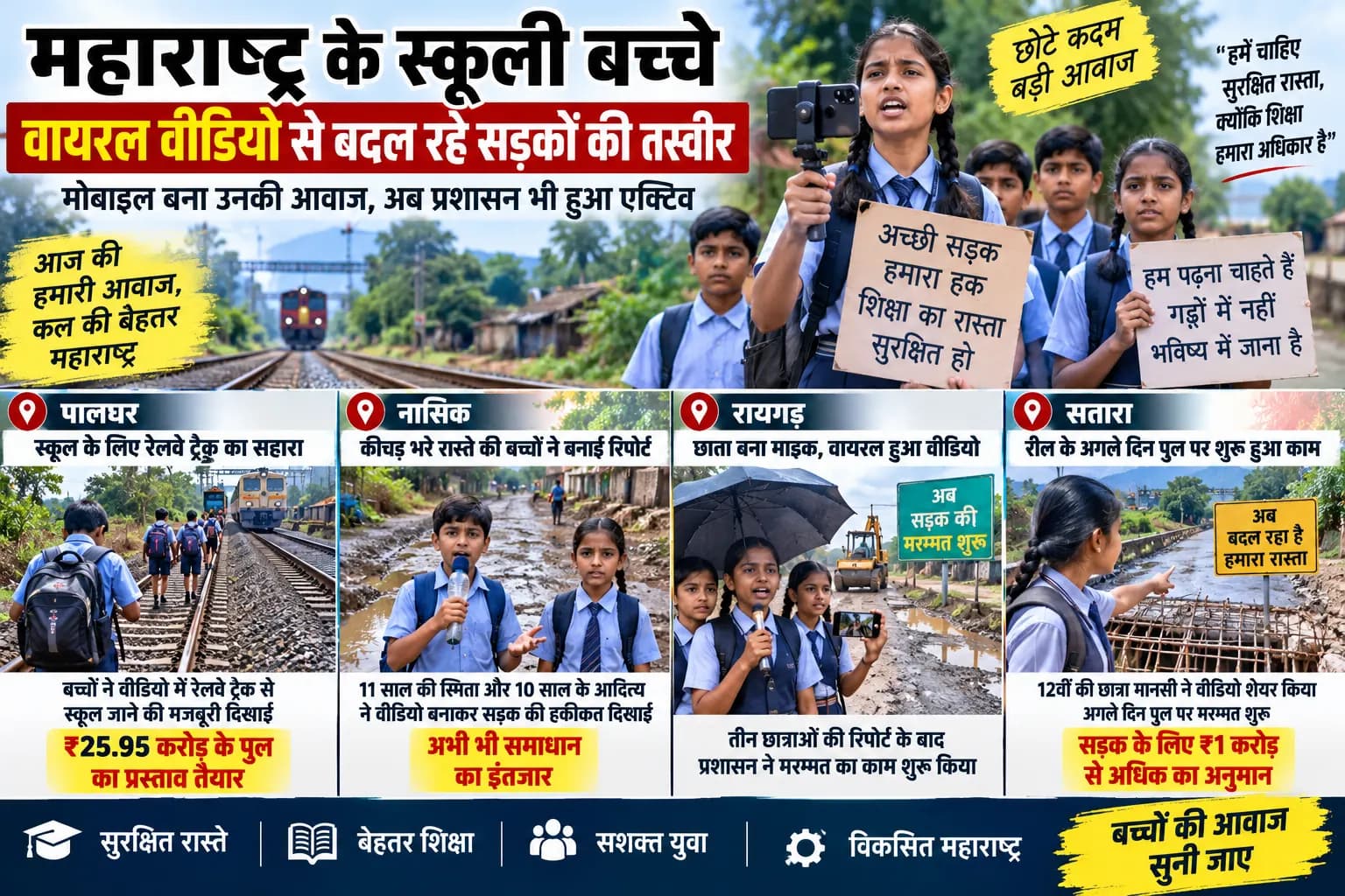 महाराष्ट्र में बच्चों ने उठाया मोबाइल, सड़क की बदहाली दिखाई; Viral Video के बाद कहीं मरम्मत, कहीं अब भी इंतजार