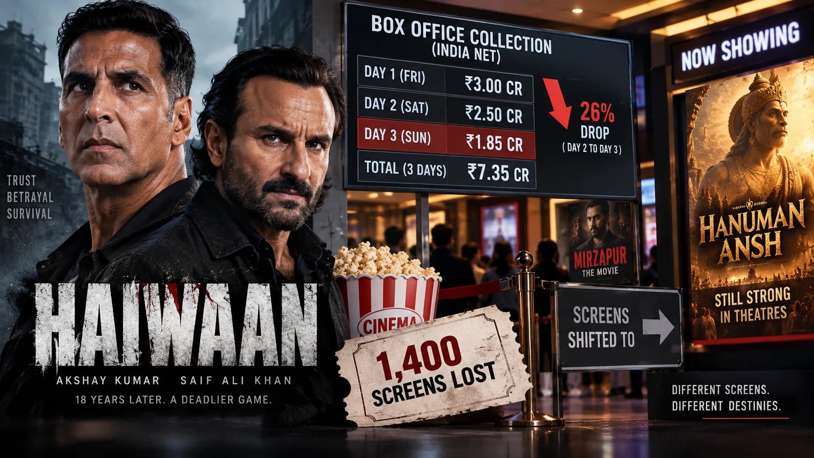 रविवार को बढ़ने के बजाय गिर गई ‘Haiwaan’ की कमाई, 1,400 Screens भी हाथ से निकलीं—क्या बिगड़ गया Akshay-Saif की फिल्म का गणित?