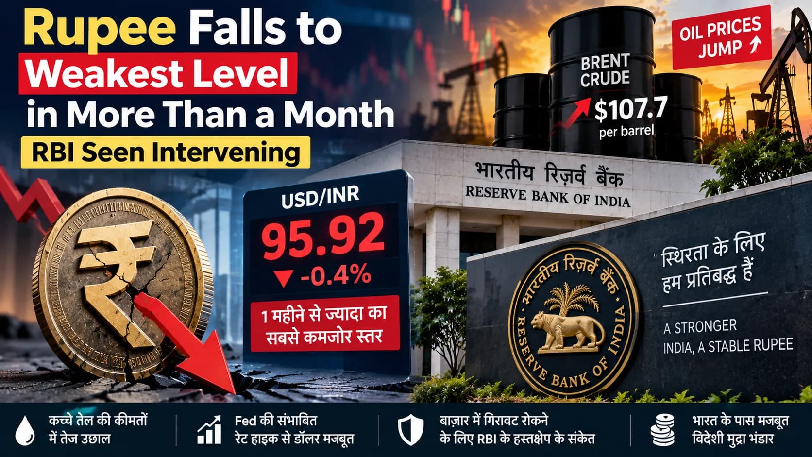 डॉलर के मुकाबले ₹95.92 तक गिरा रुपया, एक महीने से ज्यादा का निचला स्तर; RBI ने संभाली गिरावट?