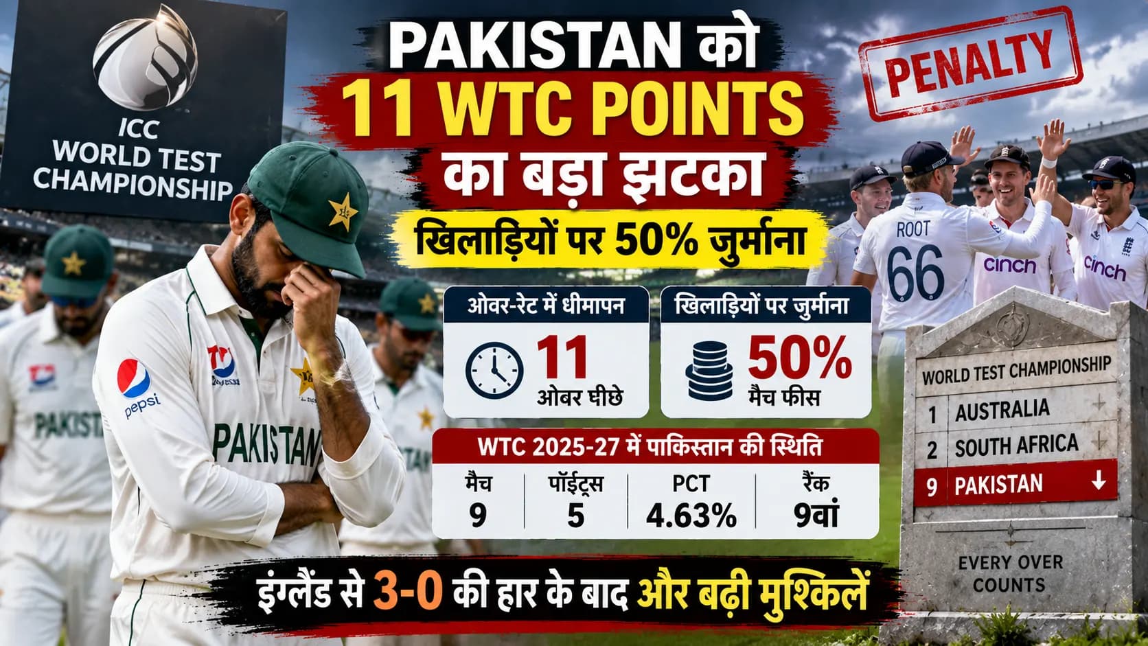 इंग्लैंड से 3-0 की हार के बाद Pakistan को एक और झटका, ICC ने काटे 11 WTC Points; खिलाड़ियों पर 50% जुर्माना