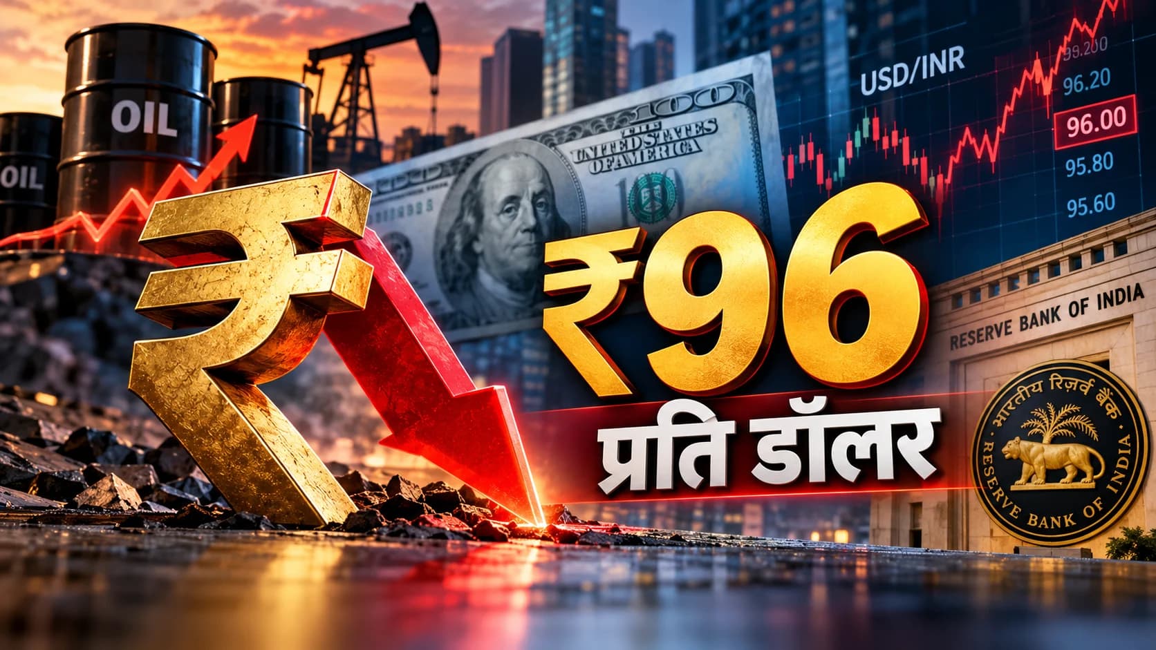 रुपया ₹96 प्रति डॉलर के पार कमजोर, कच्चे तेल और अमेरिकी बॉन्ड यील्ड ने बढ़ाया दबाव