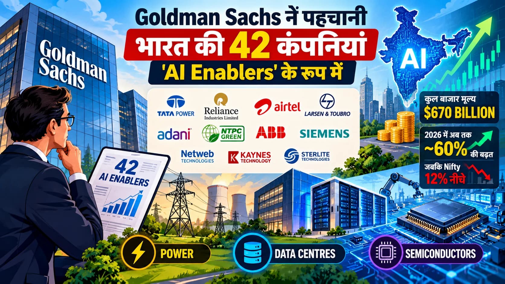 Goldman Sachs ने भारत की 42 कंपनियों को बताया ‘AI Enablers’, Power से Semiconductor तक फैली AI Infrastructure Story