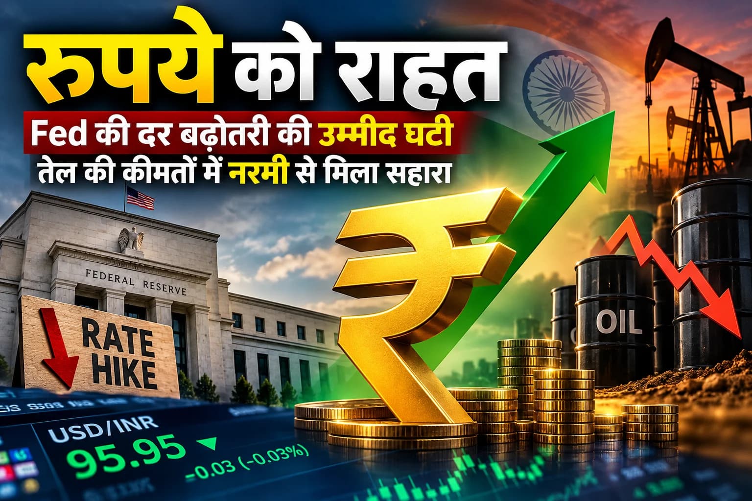 रुपये को राहत: Fed की दर बढ़ोतरी की उम्मीद घटी, तेल में नरमी से मिला सहारा
