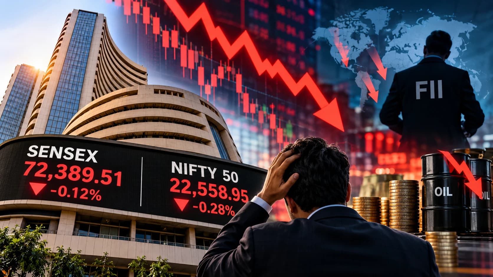 विदेशी निवेशकों की बिकवाली से दबाव में शेयर बाजार, Sensex-Nifty में गिरावट