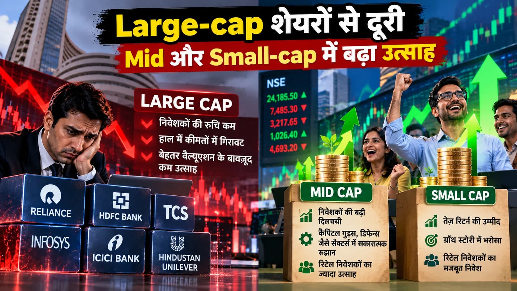 Large-cap शेयरों से निवेशकों की दूरी, Mid और Small-cap में बढ़ा उत्साह; Kotak ने बाजार के बदलते मूड पर जताई चिंता