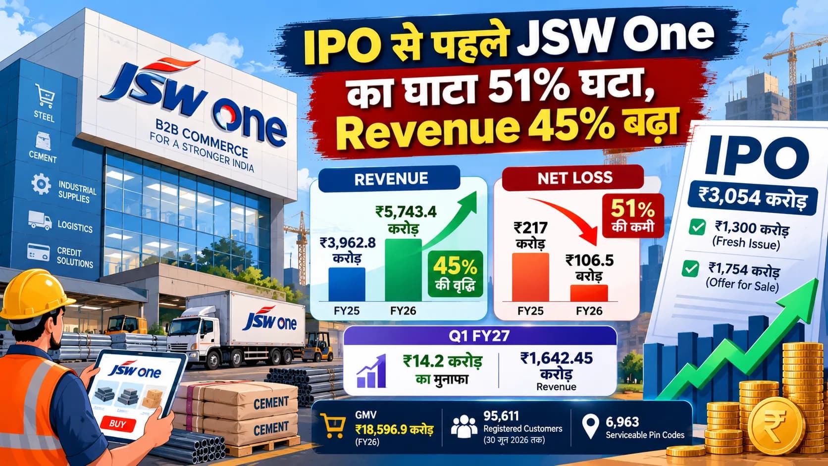 IPO से पहले JSW One की वित्तीय तस्वीर मजबूत: FY26 में घाटा 51% घटकर ₹106.5 करोड़, Revenue 45% बढ़ा