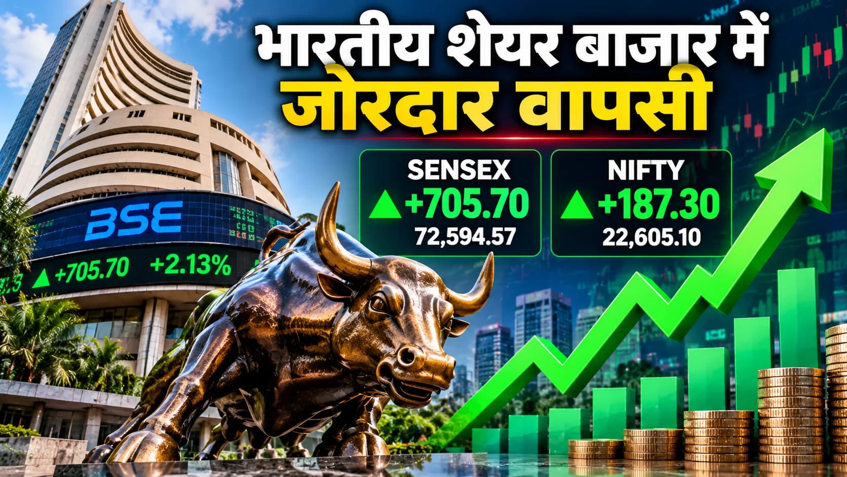 भारतीय शेयर बाजार में जोरदार वापसी, Sensex करीब 700 अंक उछला; Nifty 22,600 के पार