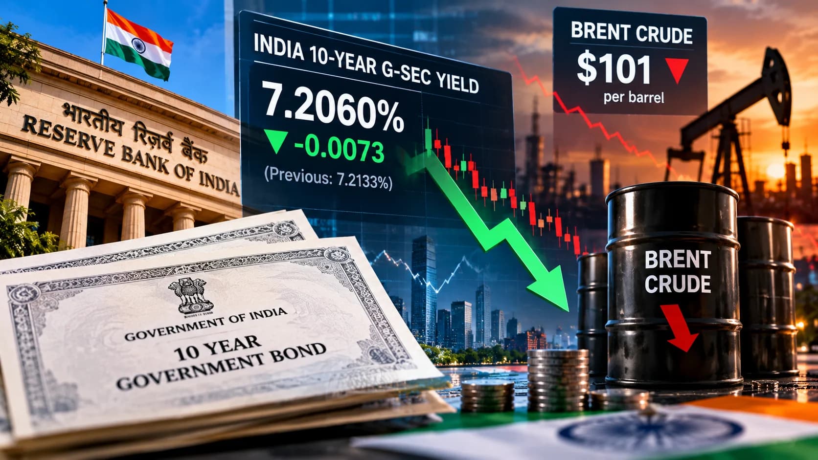Brent Crude में नरमी से भारतीय बॉन्ड को राहत, 10-Year G-Sec Yield घटकर 7.20% के करीब