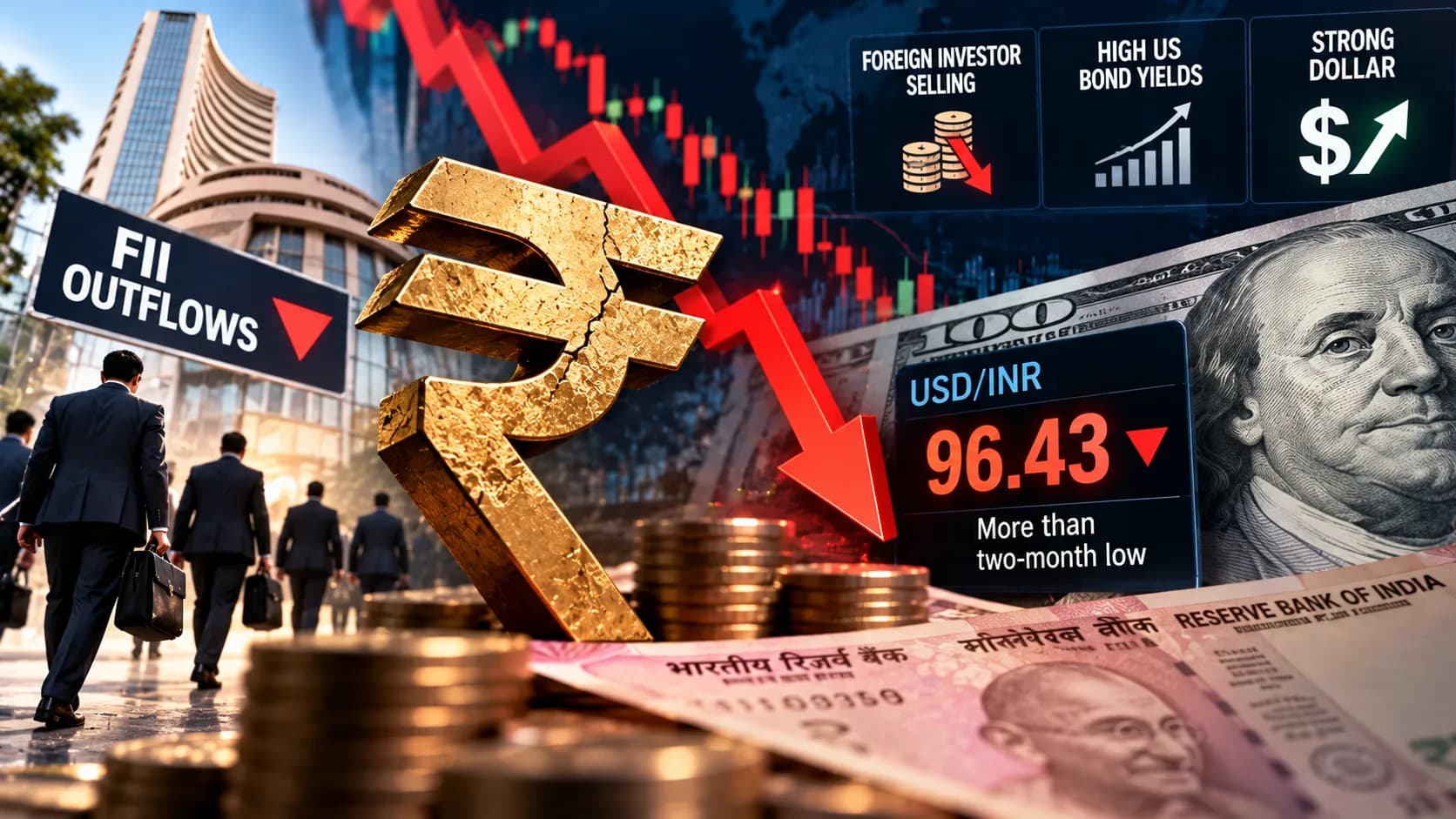 विदेशी निवेशकों की बिकवाली से रुपया दो महीने से अधिक के निचले स्तर पर, डॉलर के मुकाबले 96.43 तक फिसला