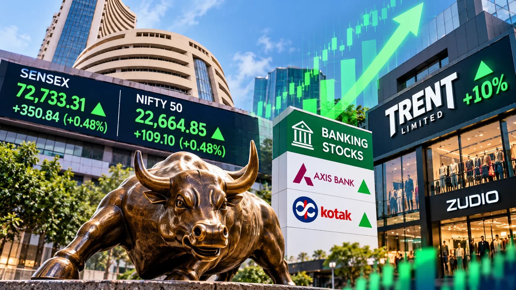 शेयर बाजार में तेजी: बैंकिंग शेयरों ने संभाला मोर्चा, Trent करीब 10% उछला; Sensex 300 अंक से ज्यादा चढ़ा