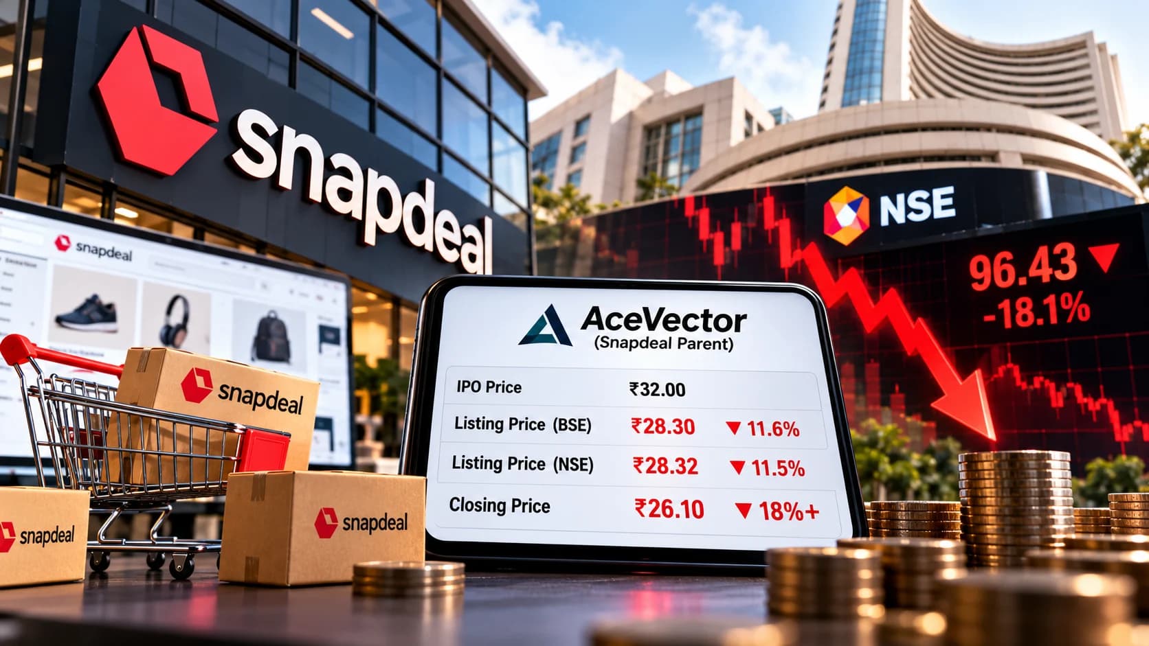 Snapdeal की पैरेंट AceVector की शेयर बाजार में कमजोर एंट्री, पहले दिन IPO प्राइस से 18% से ज्यादा नीचे बंद हुआ शेयर