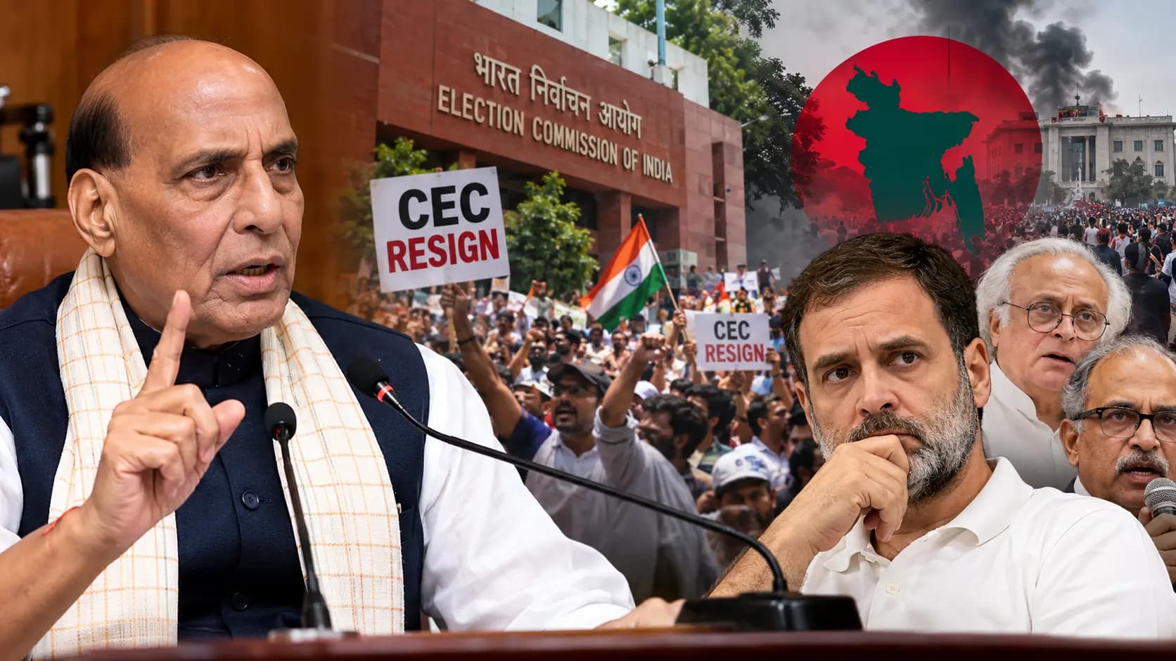 रक्षामंत्री राजनाथ सिंह का कांग्रेस पर तेज हमला: एंटी सीईसी प्रदर्शन सत्ता हथियाने की साजिश, बांग्लादेश जैसा रिजीम चेंज चाहती है विपक्ष।