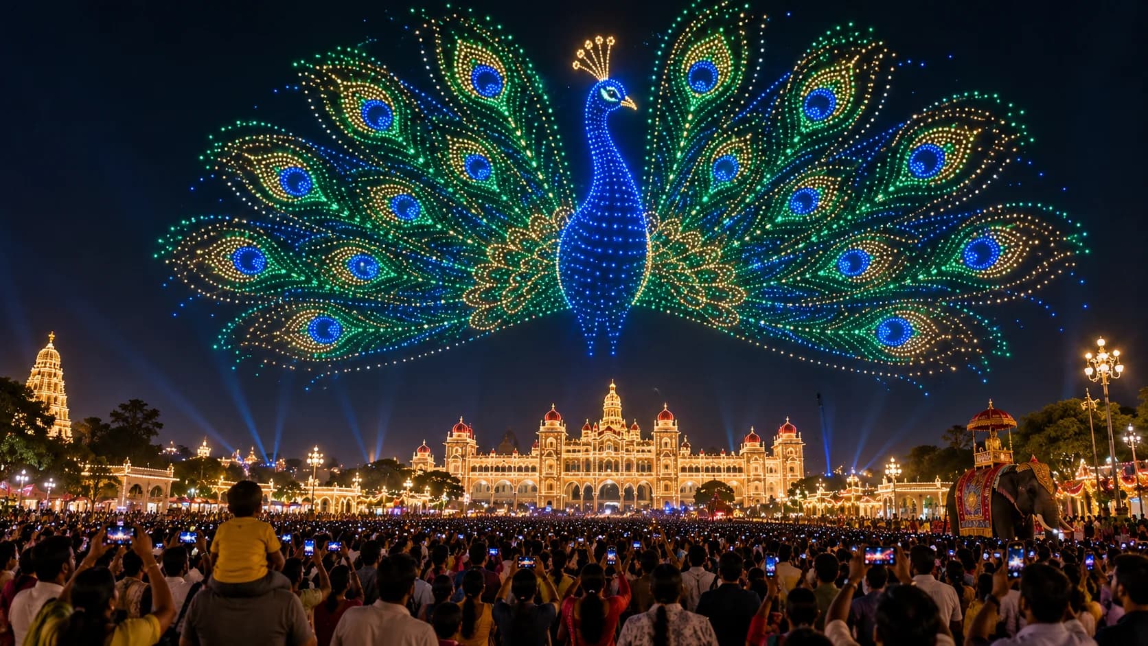 मैसूर के आसमान में 3,473 ड्रोन से बना विशाल मोर, गिनीज वर्ल्ड रिकॉर्ड में दर्ज हुई ऐतिहासिक उपलब्धि