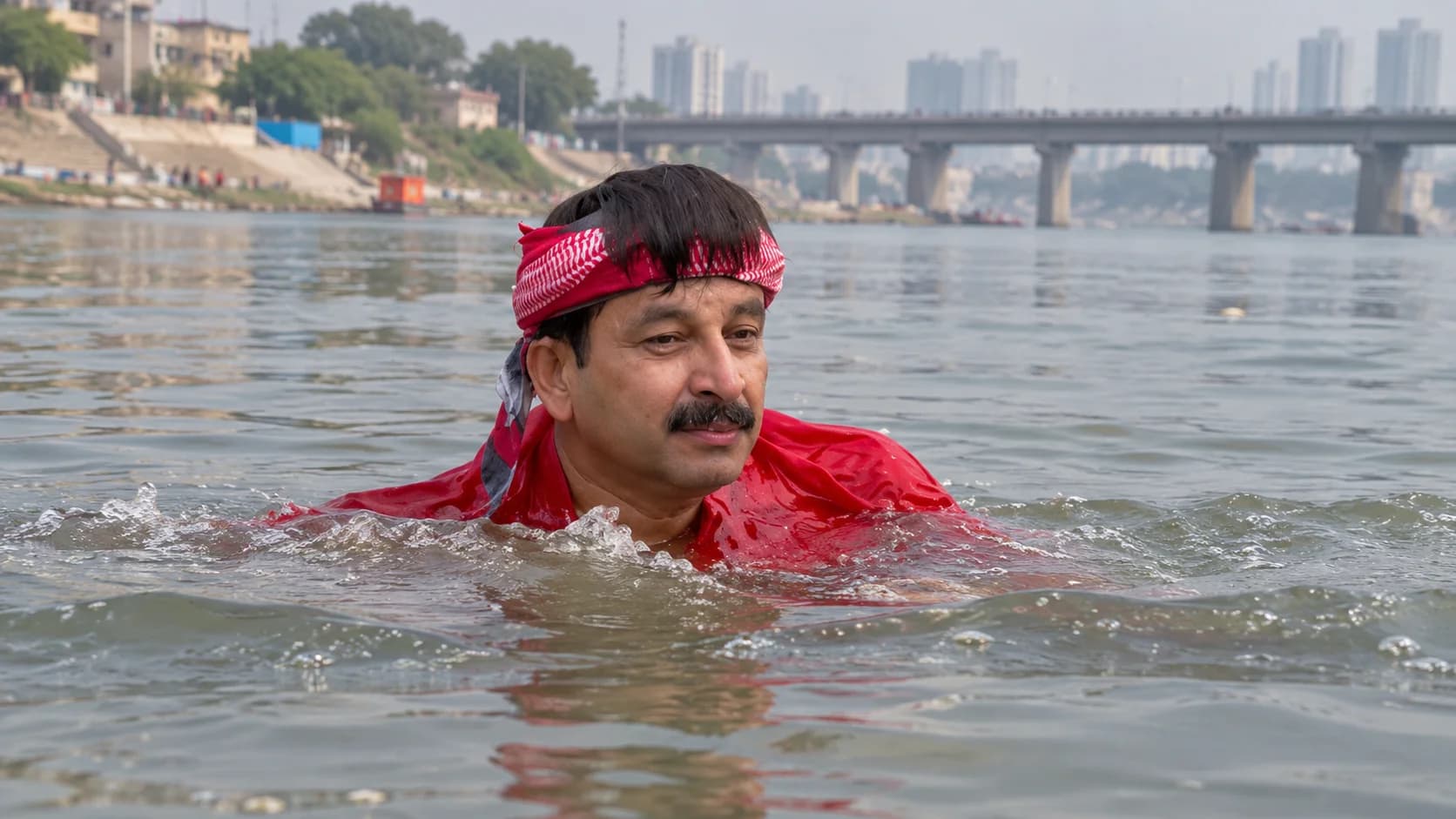 यमुना में डुबकी लगाकर BJP सांसद मनोज तिवारी ने किया नदी साफ होने का दावा, AAP ने उठाए सवाल।
